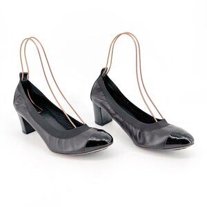 Chanel Elastic Cap Toe Pump Size 40 US 9-9.5 Black Leather CC Stretch Block Heel